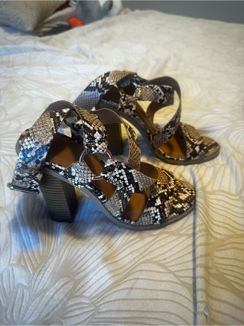 Wild Diva Snake-Print Block Heel Sandals - Black White Tan